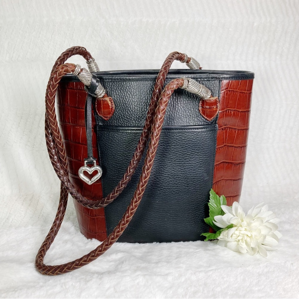 Vintage Brighton Delores Leather Bucket Bag Croco Two Tone Silver Findings